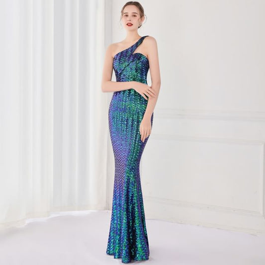 Mermaid Sleeveless Evening Gown One-Shoulder Sequin