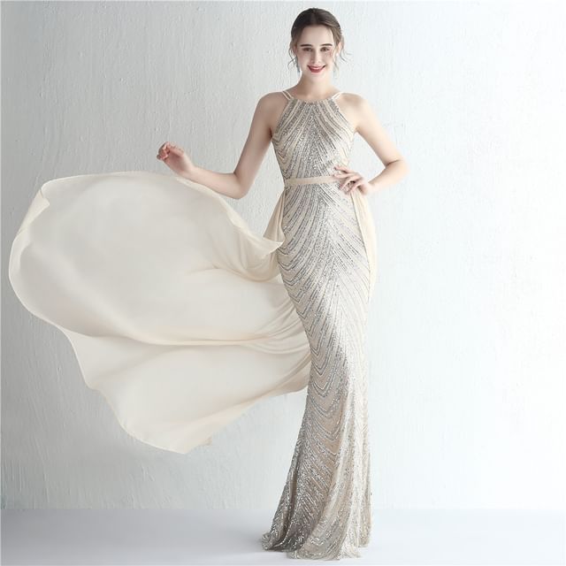Strap Evening Gown Sheath Spaghetti Sequin