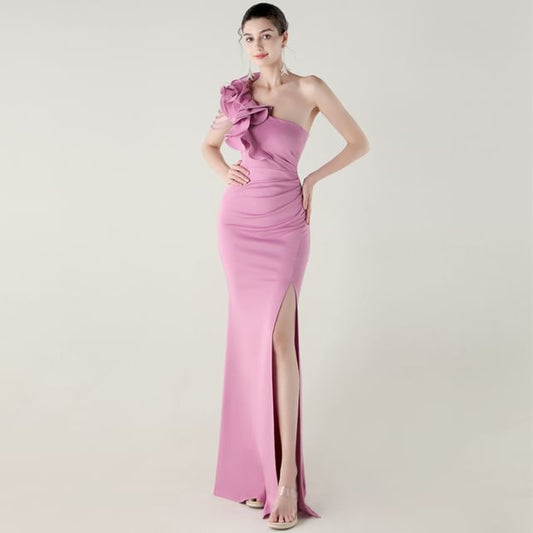 Gown Sleeveless One-Shoulder Trim Slit Evening Ruffle Plain Sheath