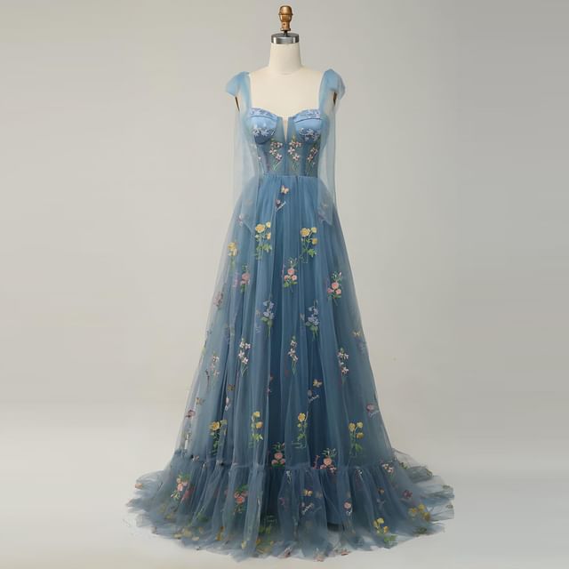 Sleeveless Embroidered Gown Evening A-Line Mesh Floral