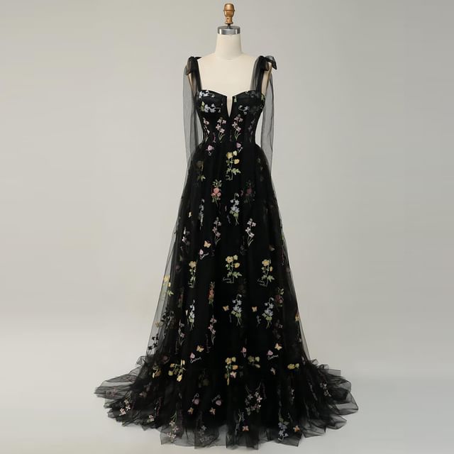 Sleeveless Embroidered Gown Evening A-Line Mesh Floral