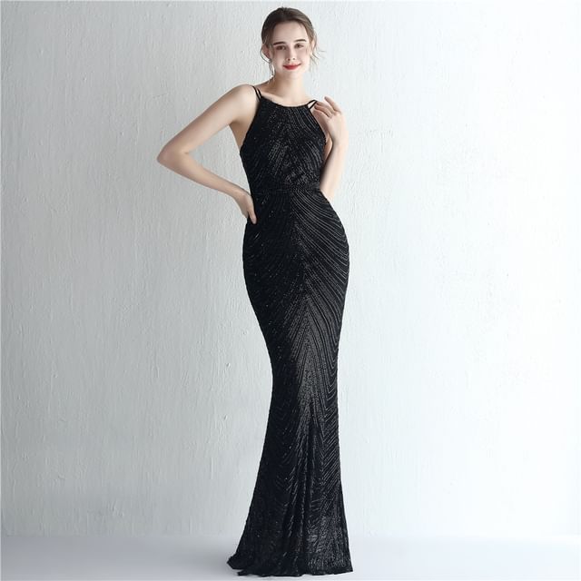 Strap Evening Gown Sheath Spaghetti Sequin