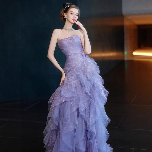 Panel A-Line Tiered Strapless Gown Mesh Evening