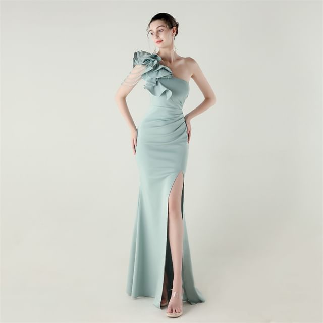 Gown Sleeveless One-Shoulder Trim Slit Evening Ruffle Plain Sheath