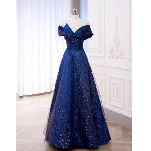 Glitter Plain Off Ruched A-Line Gown Short Shoulder Evening Mesh Sleeve