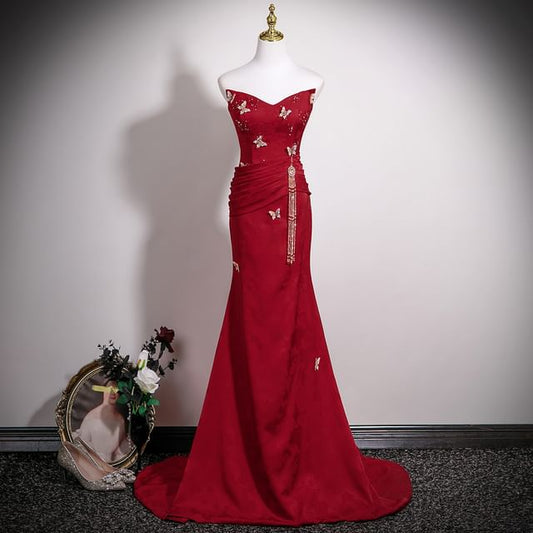 Beaded Trumpet Tube Jacquard Butterfly Applique Gown Evening