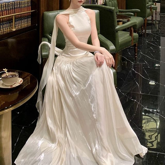 Gown Sleeveless Tie-Neck Evening Plain Halter A-Line