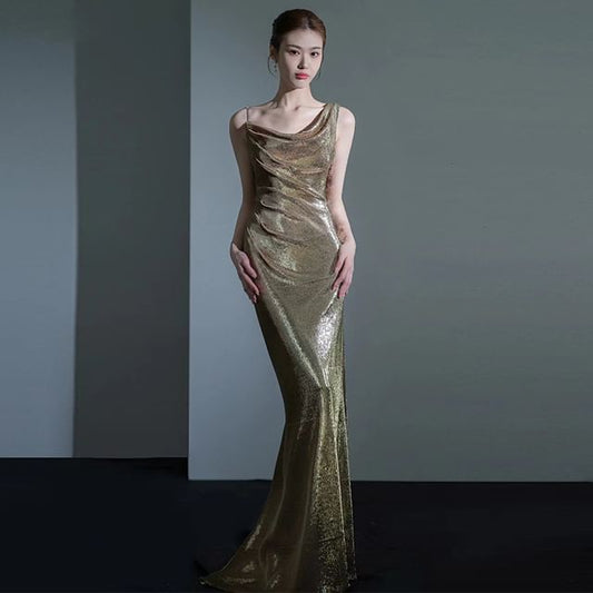 Mermaid Neck Sleeveless Cowl Sequin Open Evening Back Gown