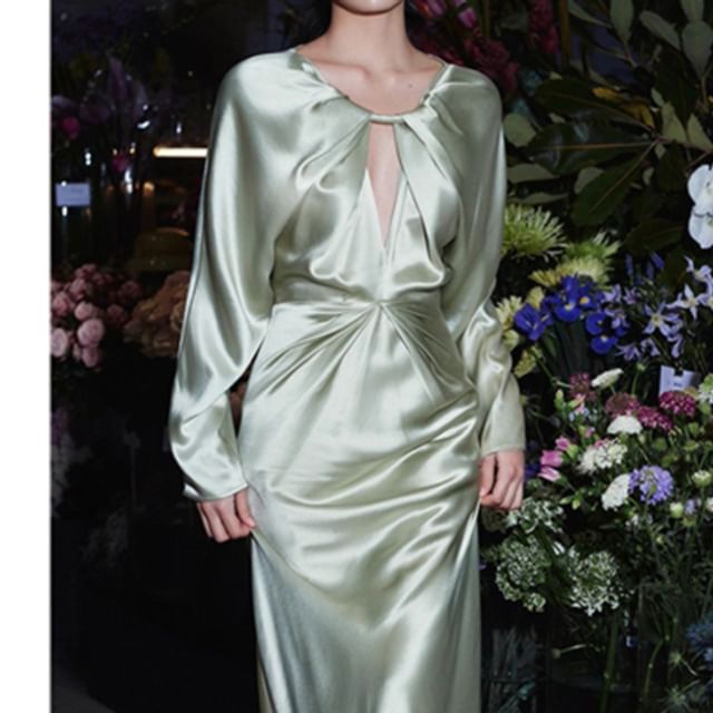 Plain Long-Sleeve Sheath Cutout Gown Evening