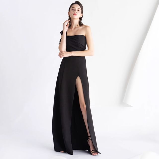 Evening One-Shoulder Plain Gown A-Line Slit Sleeveless
