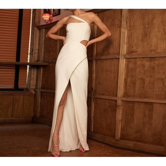 Strap Spaghetti Plain Slit Sheath Gown Cutout One-Shoulder Evening