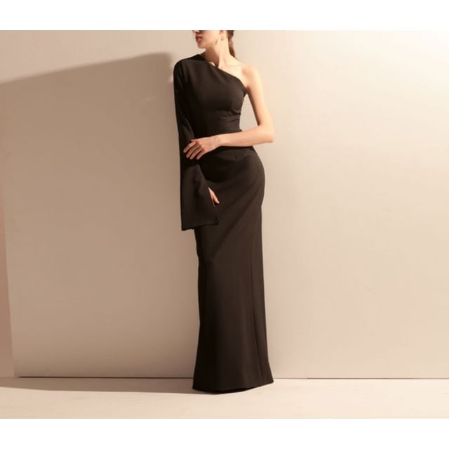 Sheath Long-Sleeve Gown Evening Plain One-Shoulder