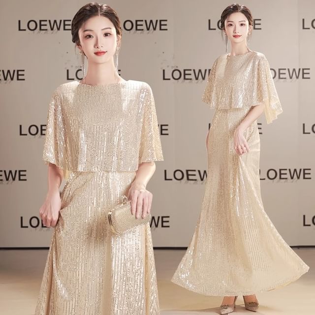 Sleeve Gown Sequin Round Neck Plain Evening A-Line Panel Cape