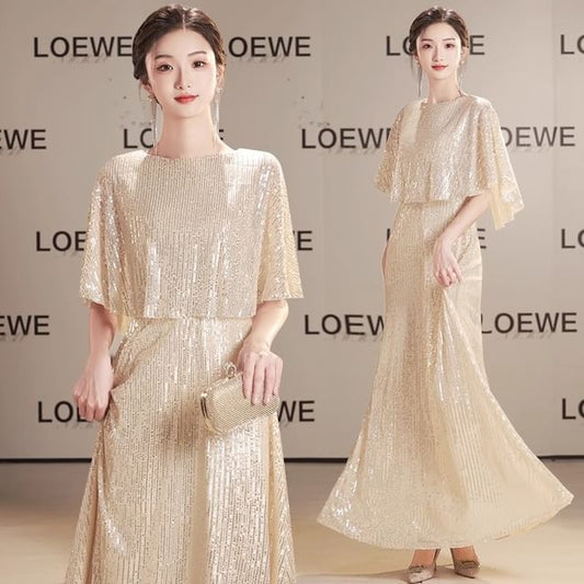 Sleeve Gown Sequin Round Neck Plain Evening A-Line Panel Cape