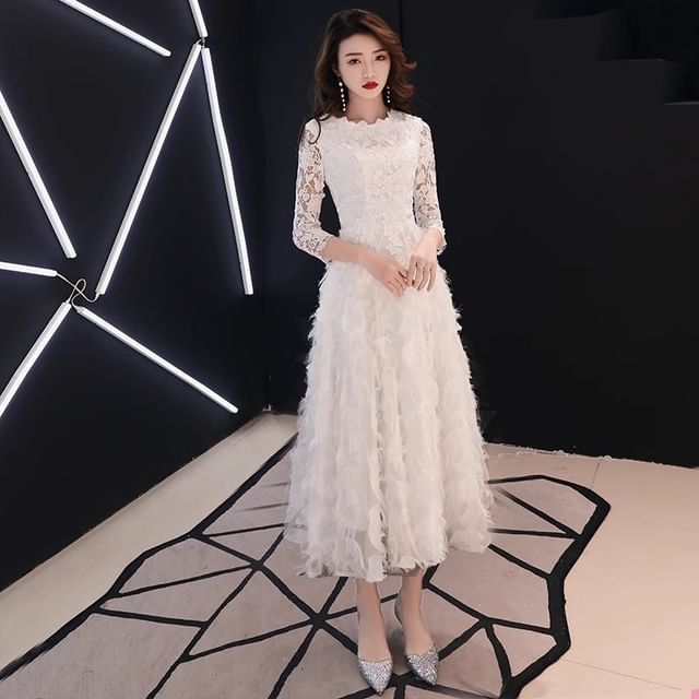 Gown Midi Dress A-Line Panel Fringe Evening Cocktail Round Lace / Plain 3/4 Sleeve Neck