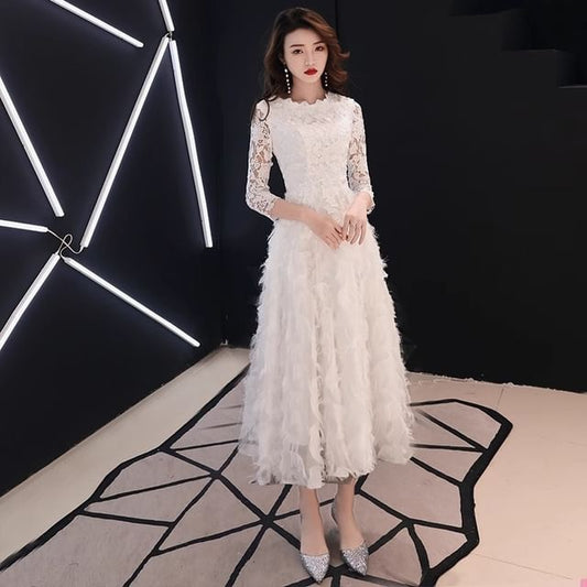 Gown Midi Dress A-Line Panel Fringe Evening Cocktail Round Lace / Plain 3/4 Sleeve Neck