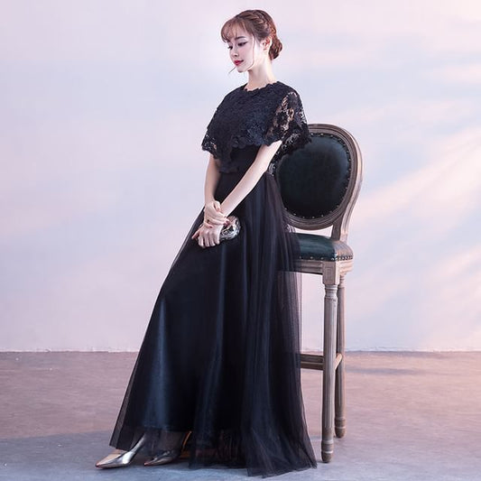 Short Plain Panel Gown Bow Round A-Line Evening Mesh Sleeve Neck Lace