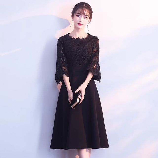 Dress A-Line Plain / Neck Lace Round Evening Cocktail Elbow Panel Midi Sleeve Gown
