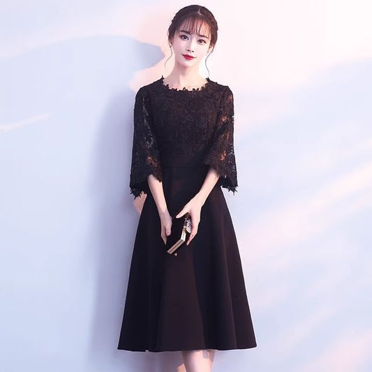 Dress A-Line Plain / Neck Lace Round Evening Cocktail Elbow Panel Midi Sleeve Gown