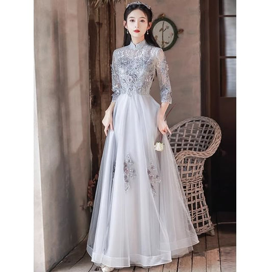 Collar A-Line Applique Lace Sleeve Panel Evening Floral 3/4 Mesh Gown Sequin Mandarin