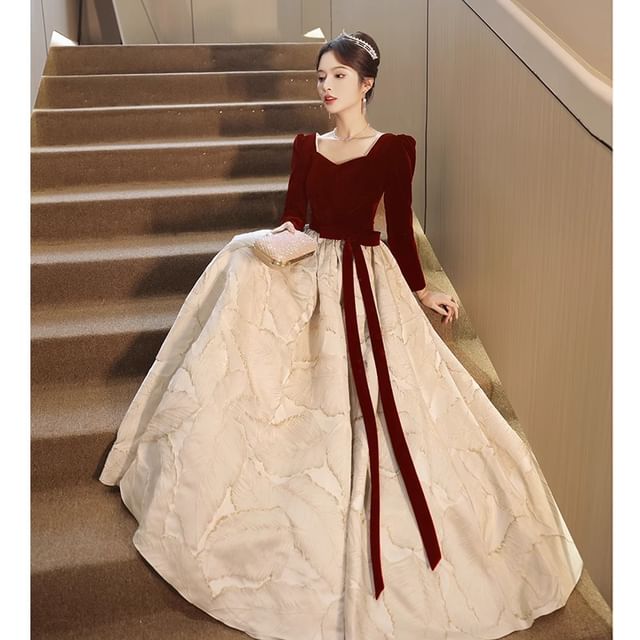 Gown Panel / Bow Cocktail Midi Evening (Various A-Line Neck Jacquard Sweetheart Dress Designs)