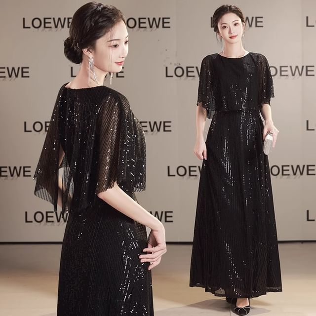 Sleeve Gown Sequin Round Neck Plain Evening A-Line Panel Cape