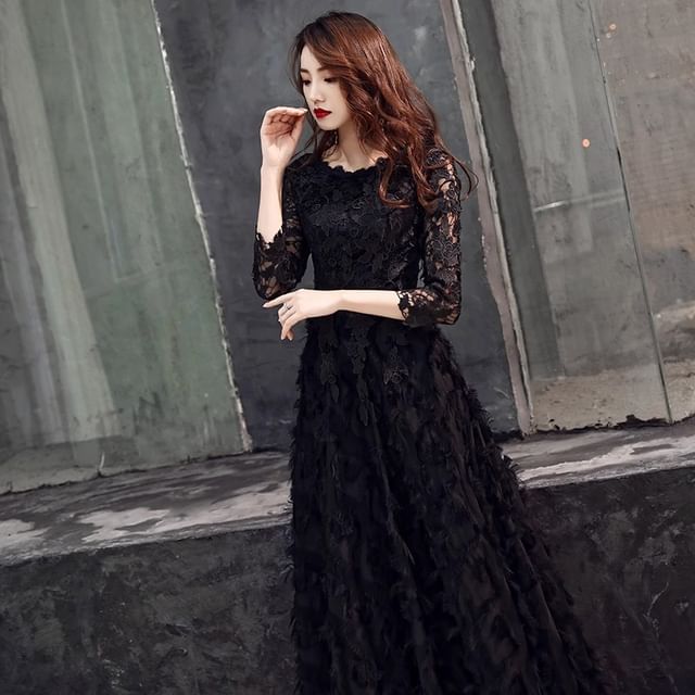Gown Midi Dress A-Line Panel Fringe Evening Cocktail Round Lace / Plain 3/4 Sleeve Neck