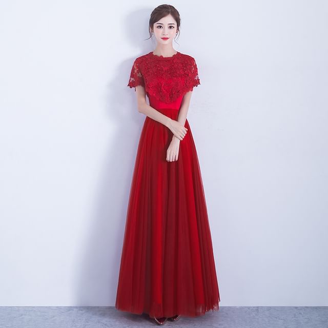 Short Plain Panel Gown Bow Round A-Line Evening Mesh Sleeve Neck Lace