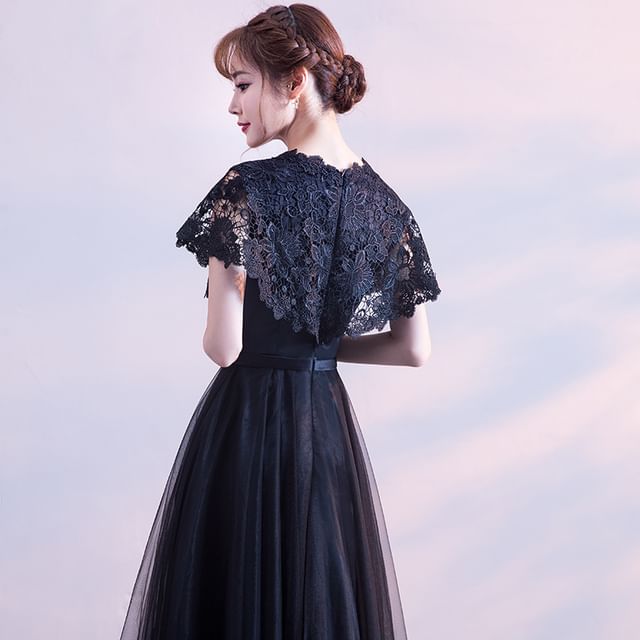 Short Plain Panel Gown Bow Round A-Line Evening Mesh Sleeve Neck Lace