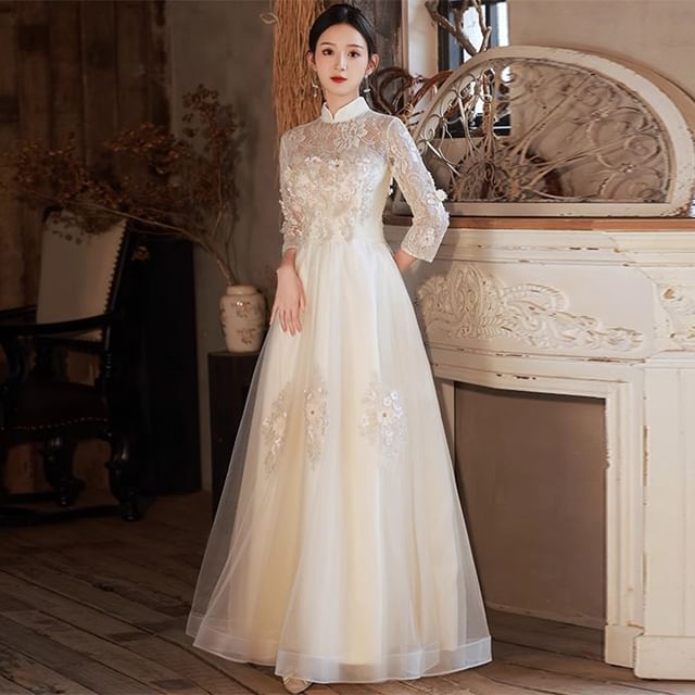 Collar A-Line Applique Lace Sleeve Panel Evening Floral 3/4 Mesh Gown Sequin Mandarin