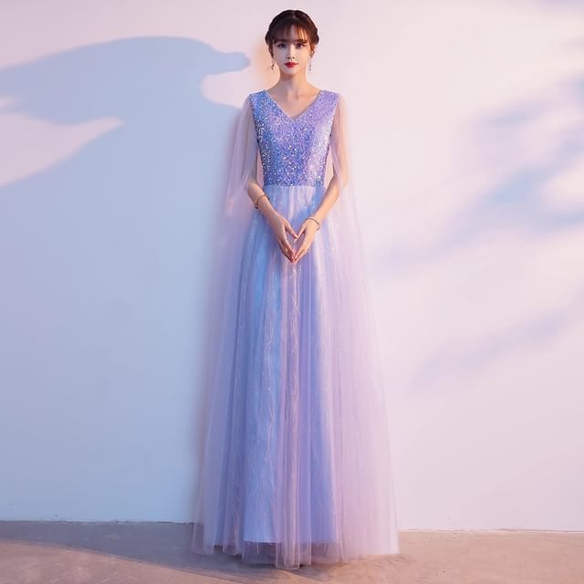 Mesh Sleeve Plain Cape Gown Evening Sequin V-Neck A-Line