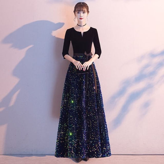 Gown Sequin Evening / A-Line Elbow-Sleeve Dress