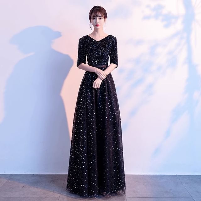 Sequin Evening A-Line Gown Elbow-Sleeve V-Neck