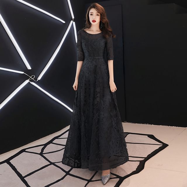Dress A-Line Lace / Gown Elbow-Sleeve High Evening Low