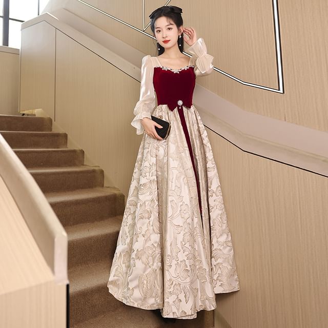 Long-Sleeve Evening Two Tone A-Line Gown