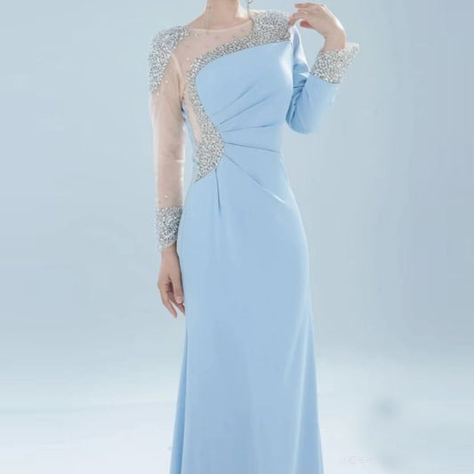 Rhinestone Gown Evening A-Line Sheer Long-Sleeve Panel