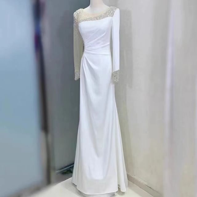 Rhinestone Gown Evening A-Line Sheer Long-Sleeve Panel