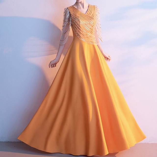Gown A-Line V-Neck Sequin Evening 3/4-Sleeve