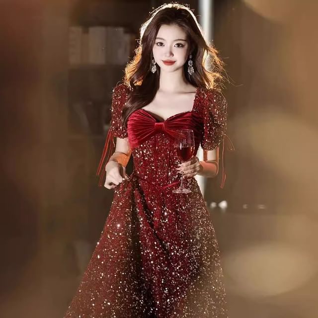 A-Line V-Neck Puff-Sleeve Bow Sequin Gown Accent Evening