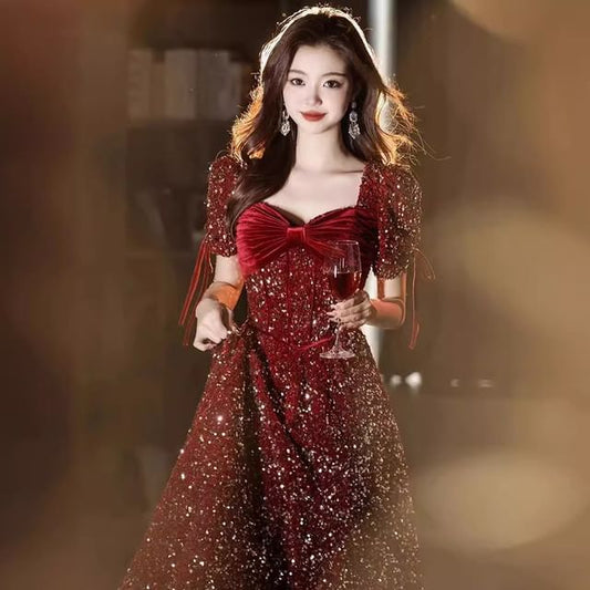 A-Line V-Neck Puff-Sleeve Bow Sequin Gown Accent Evening
