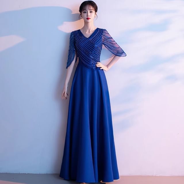 Gown A-Line V-Neck Sequin Evening 3/4-Sleeve