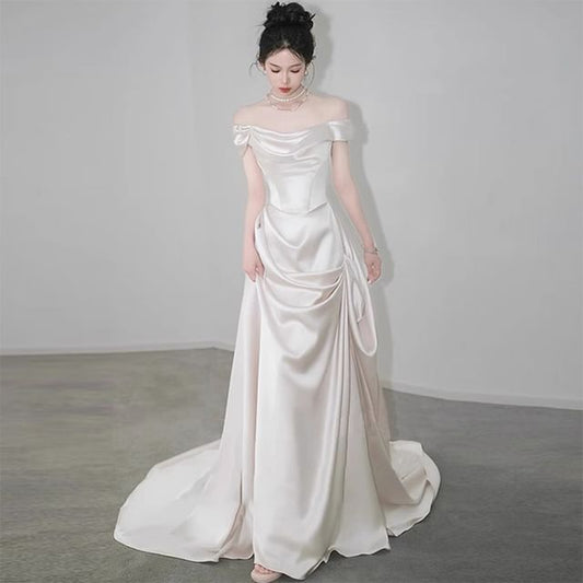 Trained Shoulder Off Wedding Gown A-Line