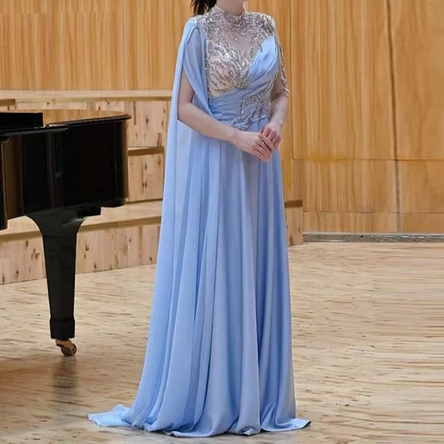 Cape-Sleeve Sequin Panel A-Line Evening Gown