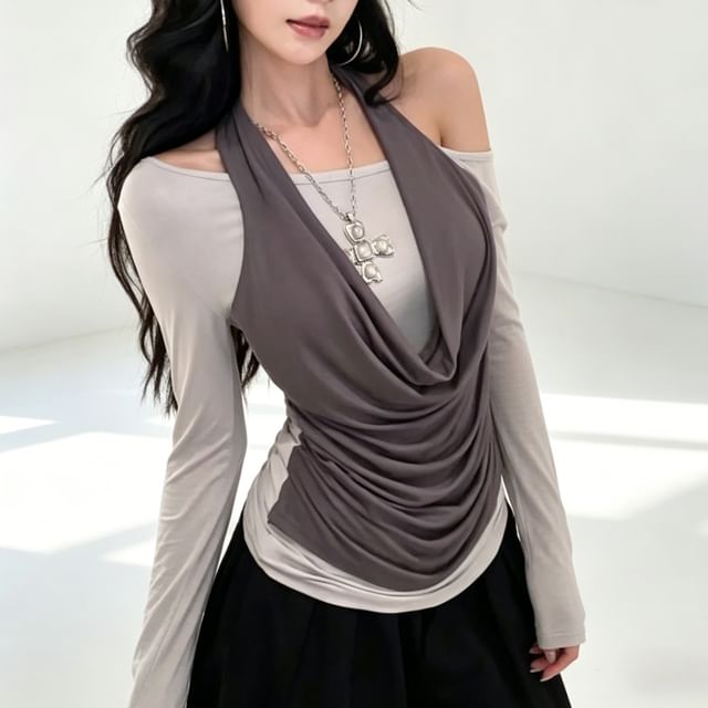 Mock Two-Piece Halter Cowl Neck Off-Shoulder Tee