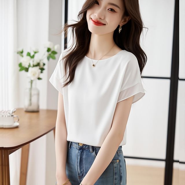 Chiffon Crewneck Short Sleeve Blouse
