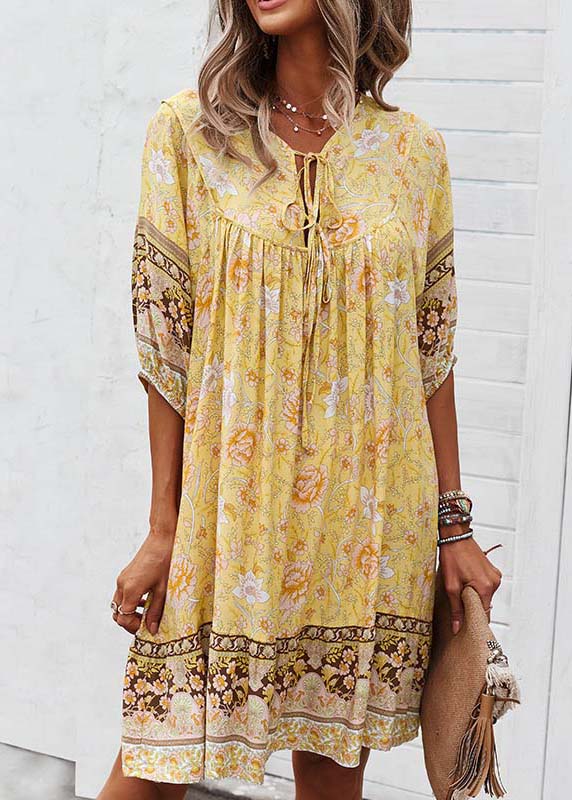 Yellow Half Mid Beach Sleeve Lace Dress Tie Print
