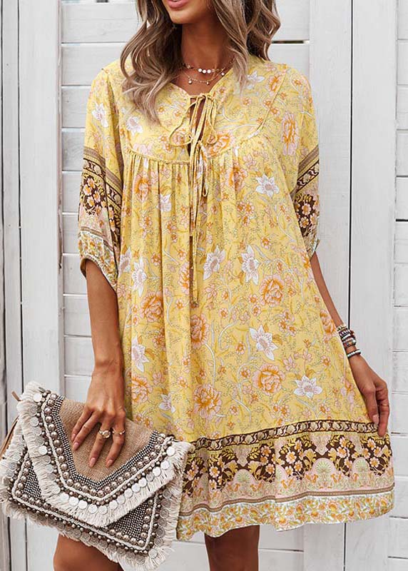 Yellow Half Mid Beach Sleeve Lace Dress Tie Print