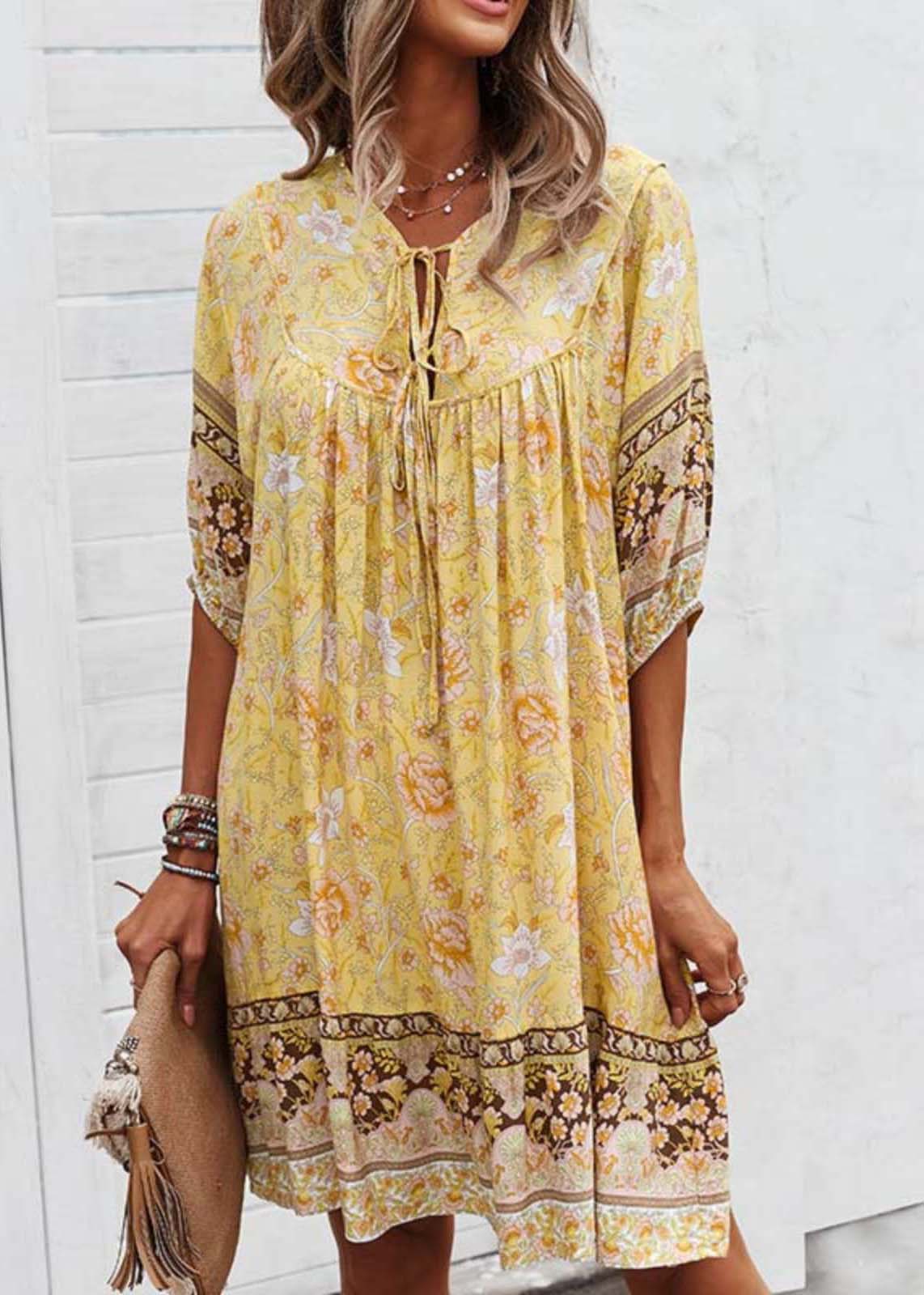 Yellow Half Mid Beach Sleeve Lace Dress Tie Print