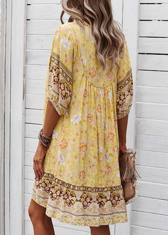 Yellow Half Mid Beach Sleeve Lace Dress Tie Print