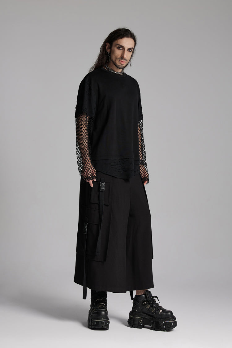 Onyx Crewneck Long-Sleeve Torn Mesh Punk Tee for Men